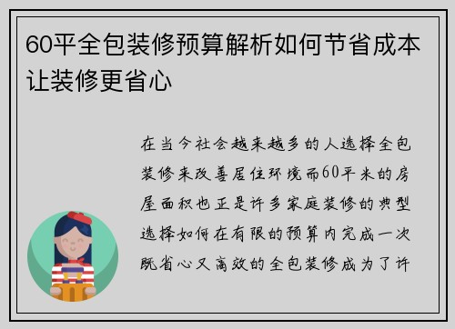 60平全包装修预算解析如何节省成本让装修更省心